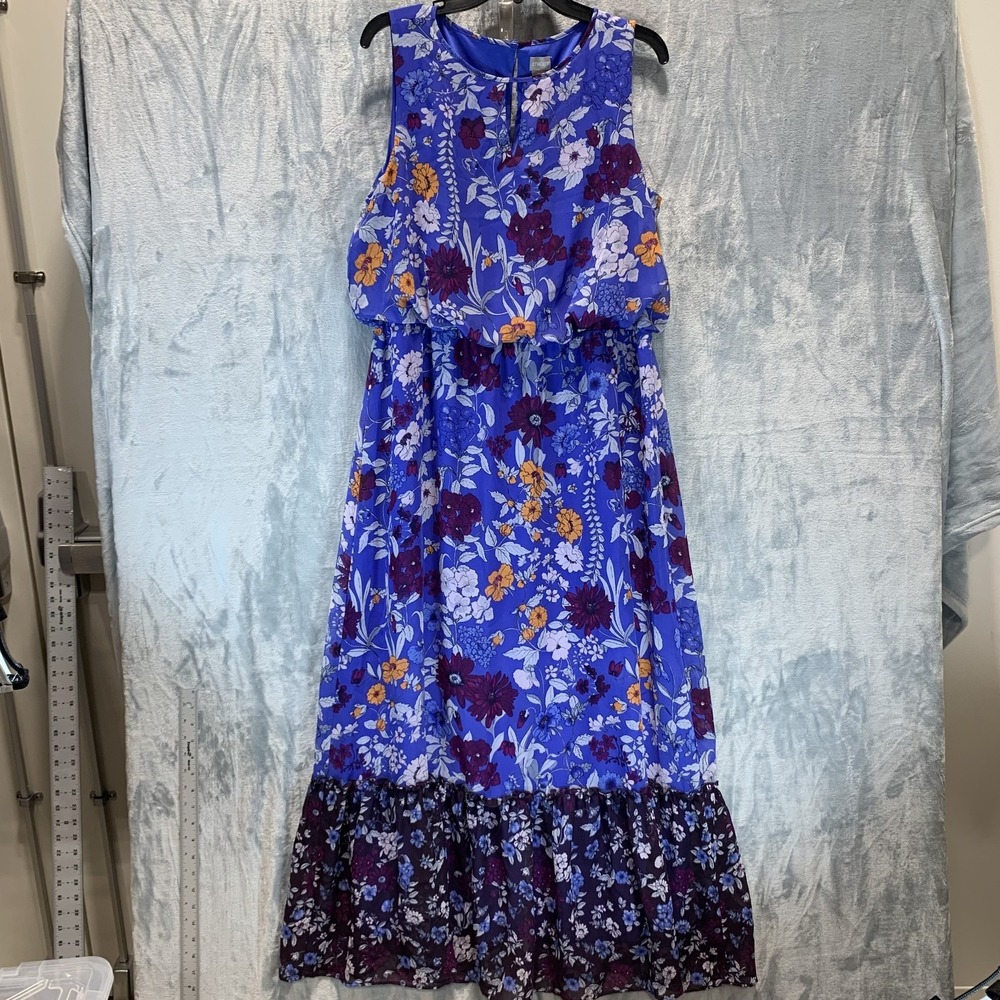 Chico's Women's Maxi Dress 14 (2.5) Blue Floral Sleeveless Peplum Hem Lined